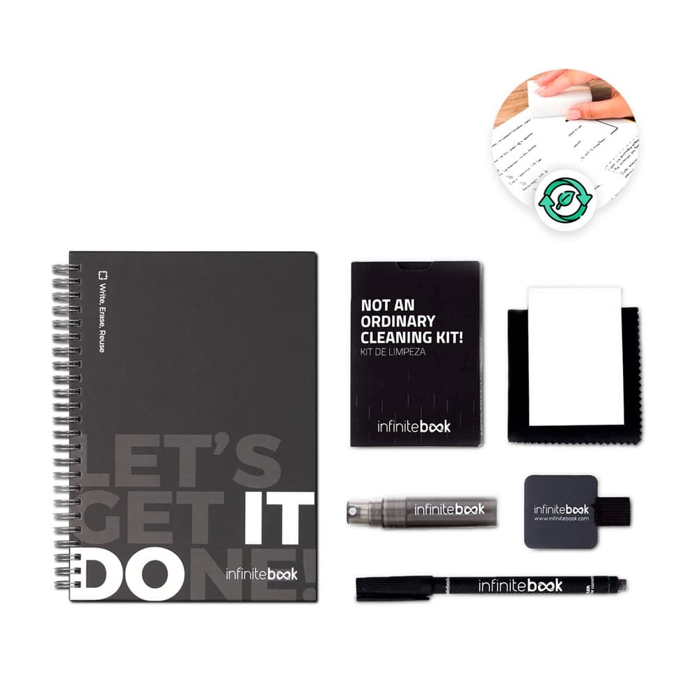 STARTER KIT INFINITEBOOK. Kit composto por “Infinitebook” com com capa dura, 1 kit de limpeza, 1 marcador e 1 suporte para esferográfica