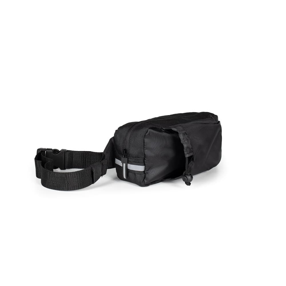 DELFOS POUCH SHINY. Bolsa de cintura em poliéster reciclado 300D (acabamento brilhante) e poliéster reciclado 600D com elementos refletores — Preto