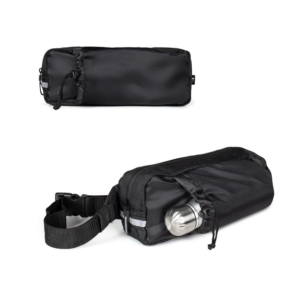 DELFOS POUCH SHINY. Bolsa de cintura em poliéster reciclado 300D (acabamento brilhante) e poliéster reciclado 600D com elementos refletores