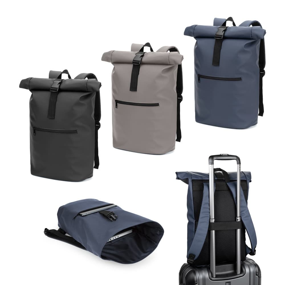 PORTLAND. A mochila "roll top" em PU com bolso para computador portátil 16"
