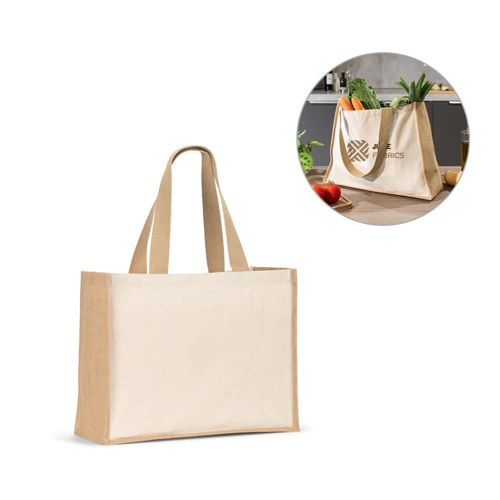 HELSINQUE. Saco em canvas (320g/m²), com fundo e laterais em juta laminada (350 g/m²) de tons naturais
