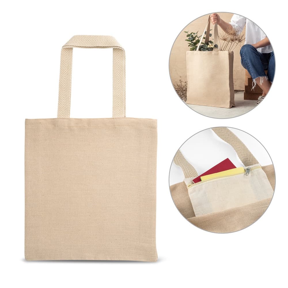 PADOVA. Saco em juco (275 g/m²) com bolso interior em 100% algodão (120 g/m²)