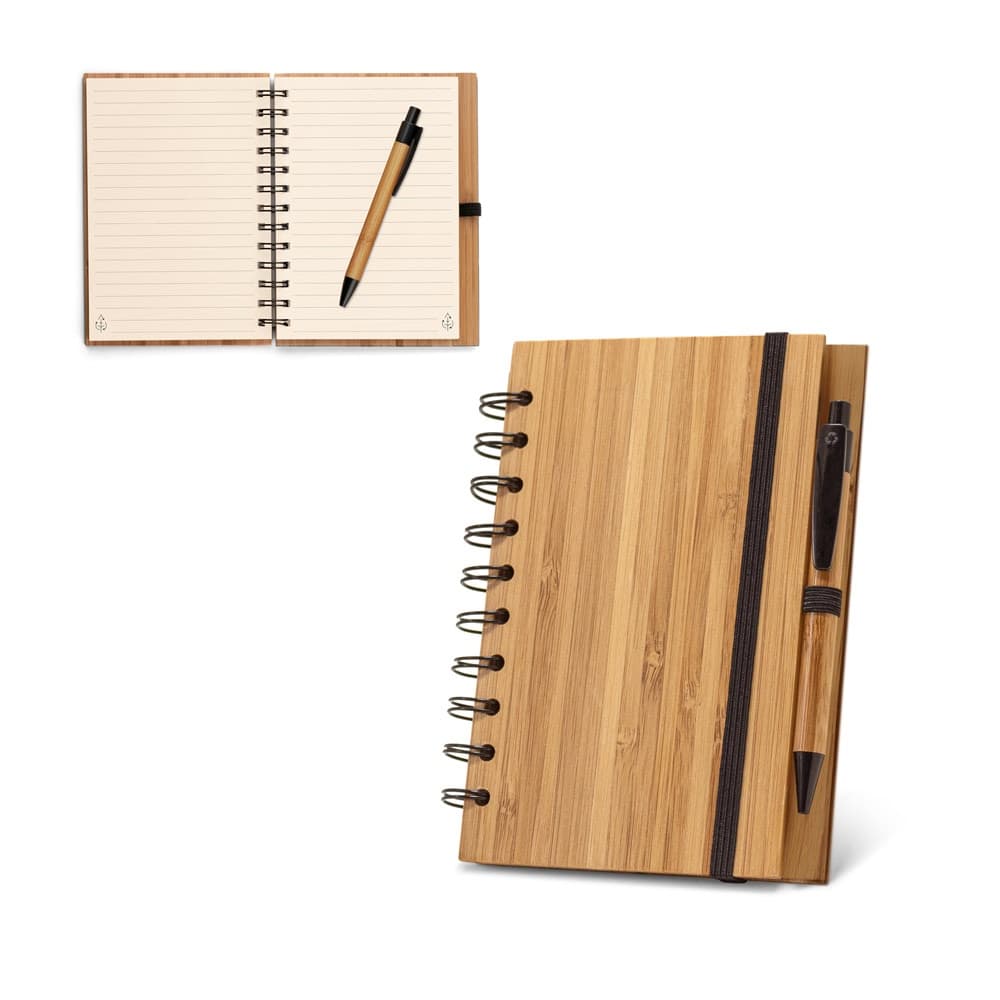 DICKENS A5. Bloco de notas espiral A5 em bambu com papel 100% reciclado