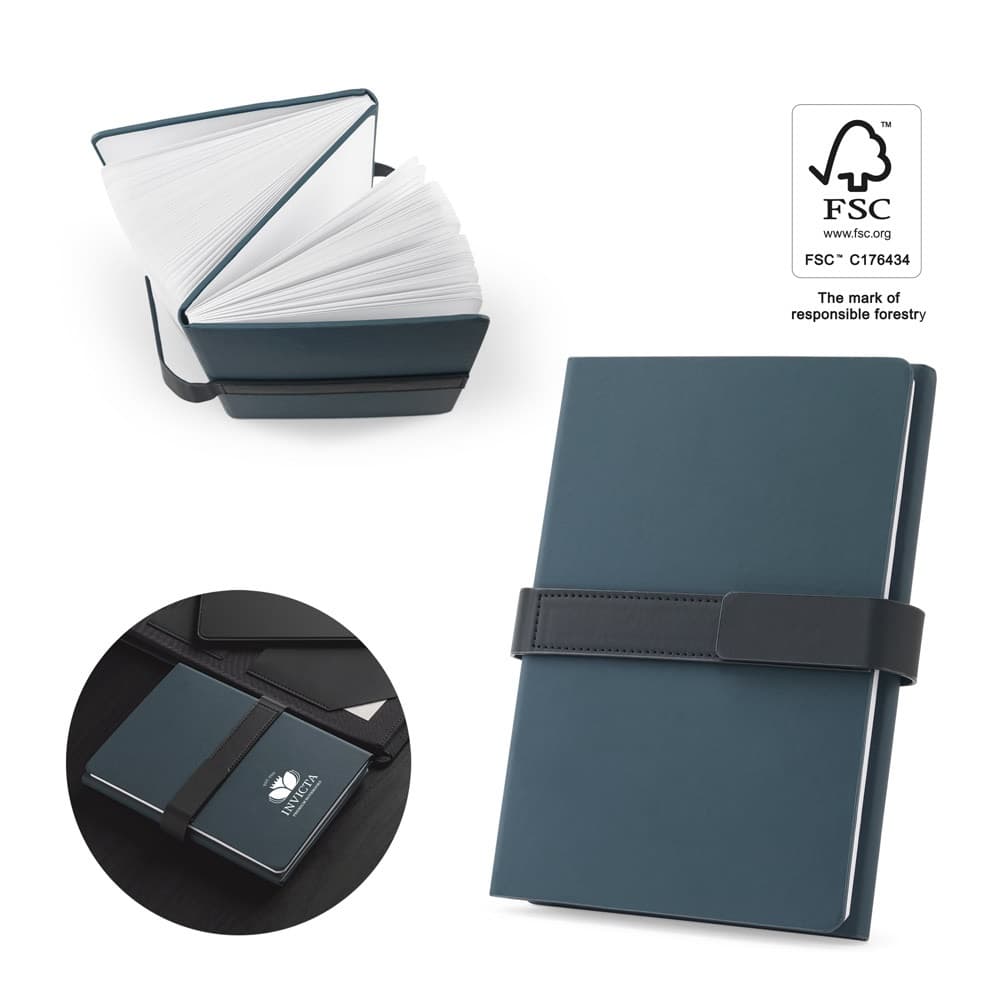 SANDERSON. Bloco de notas A5 em PU (50% reciclado) com dois blocos: páginas pautadas e páginas lisas