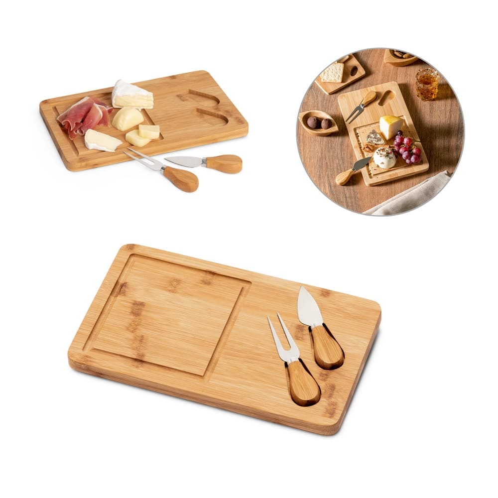 WOODS. Tábua de queijos em bambu com 2 utensílios em bambu e aço inoxidável