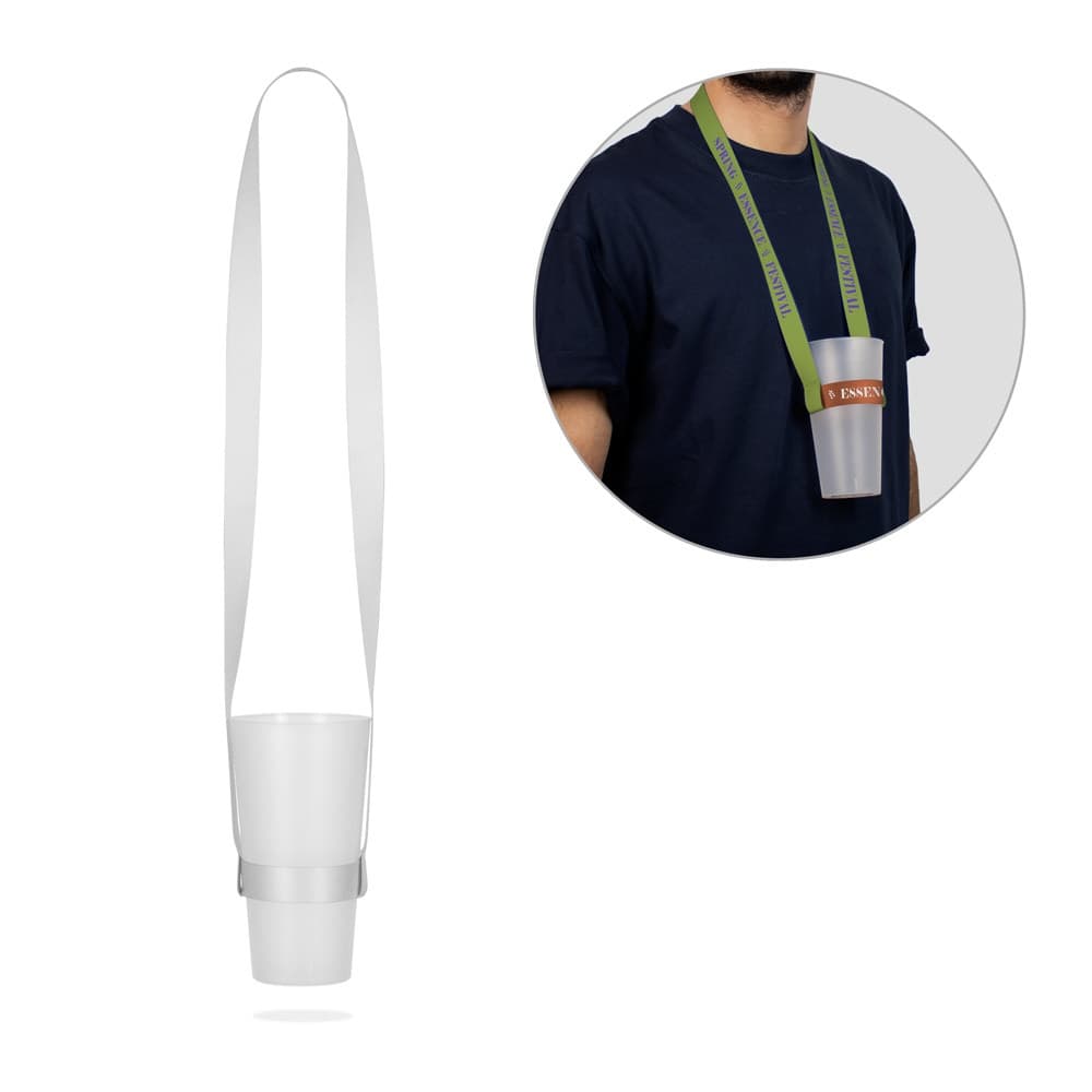 BRADFORD. SET Lanyard SUBLIMATION Long II (20 mm) Duo em poliéster reciclado (100% rPET) com porta-copos em lanyard de sublimação
