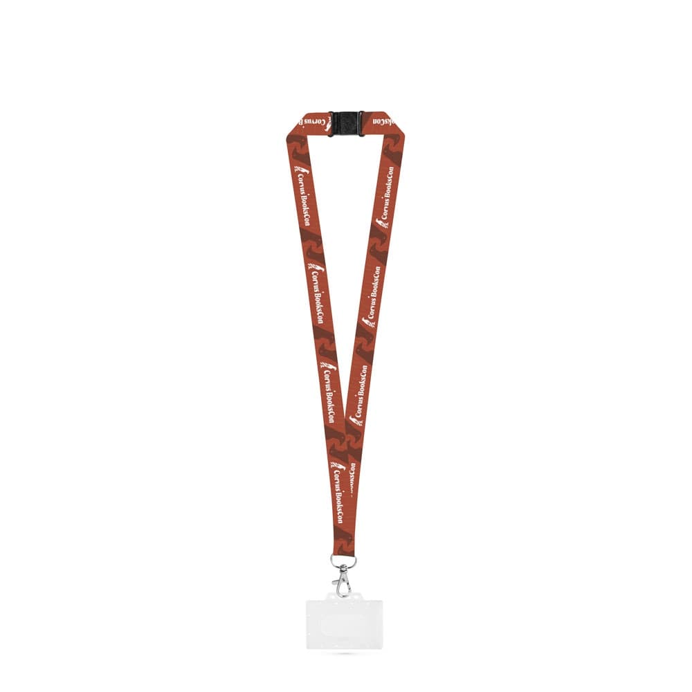 BARNSLEY. SET Lanyard SUBLIMATION Long II (20 mm) em poliéster reciclado (100% rPET) com mosquetão de gatilho 20 mm, fecho de segurança e Porta-crachá / cartões rígido 91 x 68 mm