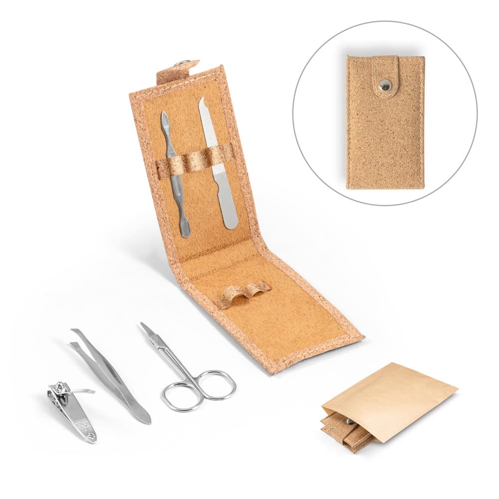 ZENA. Conjunto de manicure em cortiça com peças em aço inoxidável
