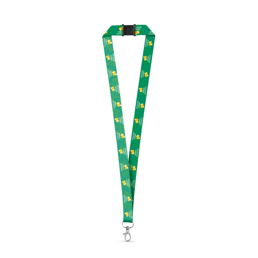 DOVER. SET Lanyard SUBLIMATION Long II (20 mm) em poliéster reciclado (100% rPET) com mosquetão de gatilho 20 mm e fecho de segurança — Branco