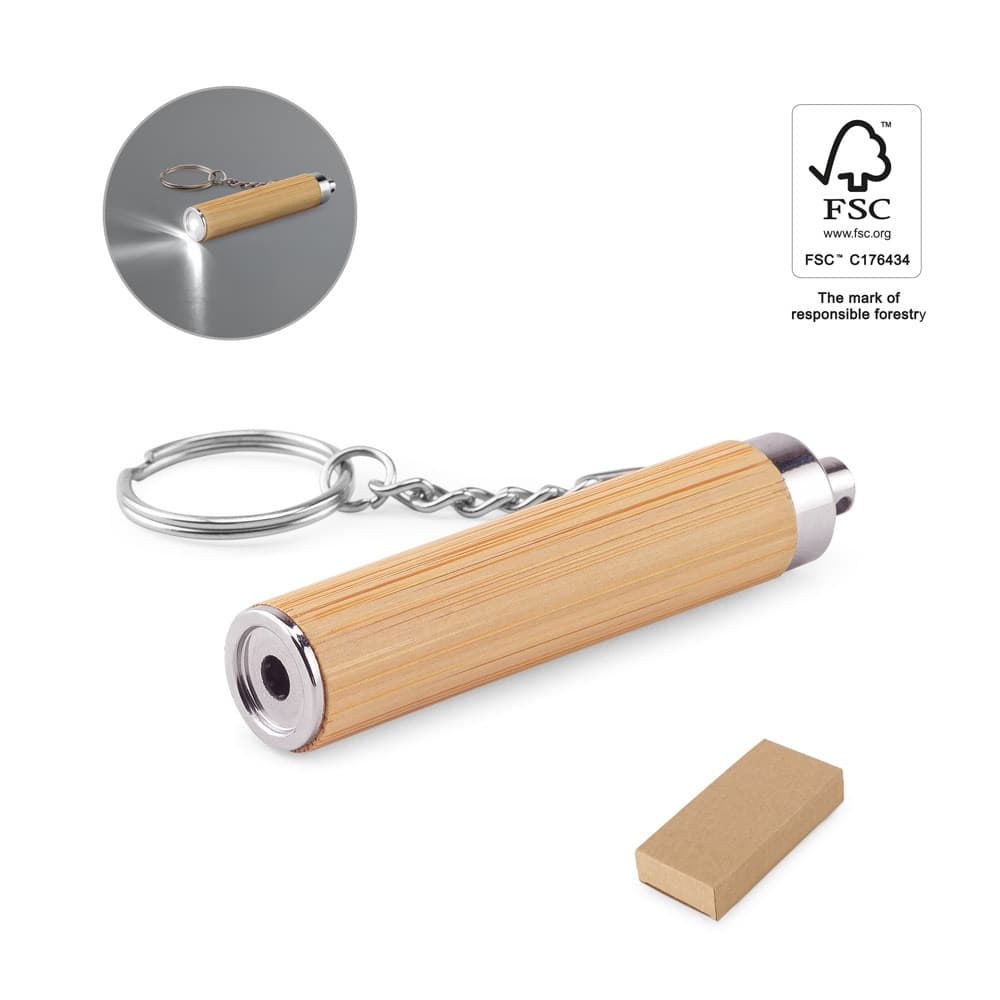 RACHEL. Porta-chaves em bambu e ABS com lanterna LED