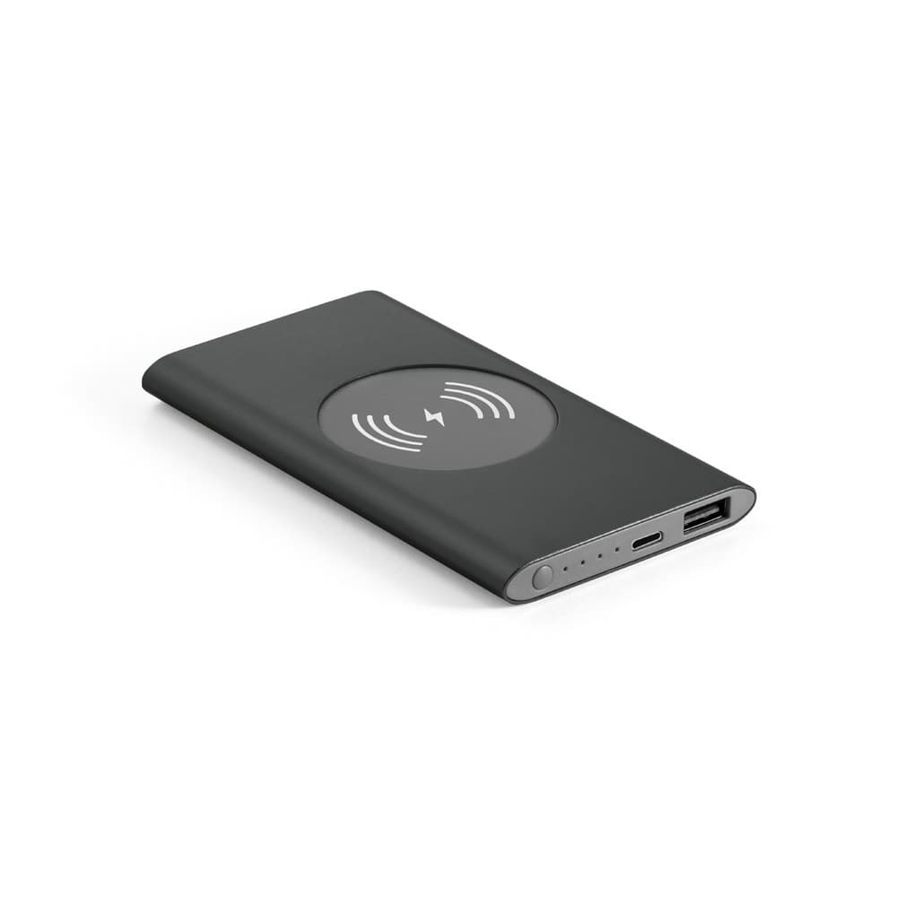 CASSINI. Power bank 4'000 mAh com carregador wireless 5W em alumínio reciclado (100% rAL) — Preto
