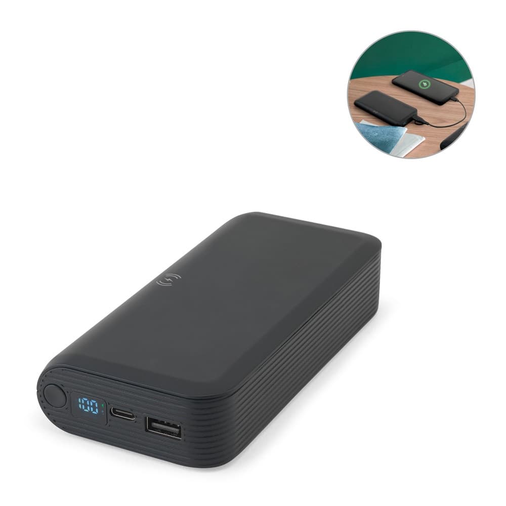 BECKER 20. Power bank 20'000 mAh em ABS reciclado (100% rABS) com carregador wireless super rápido 15W