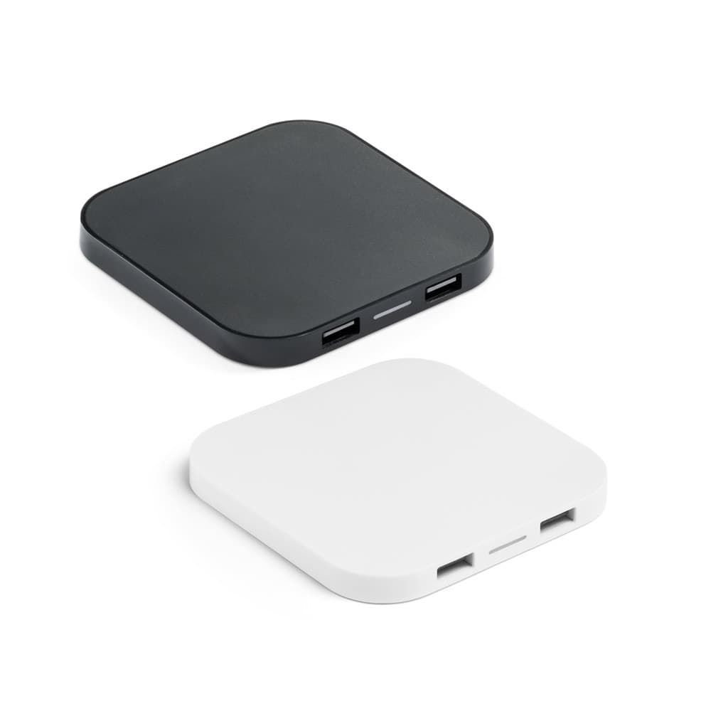 CAROLINE. Carregador wireless super rápido 15W com HUB 2 portas USB-A em ABS reciclado (60% rABS)
