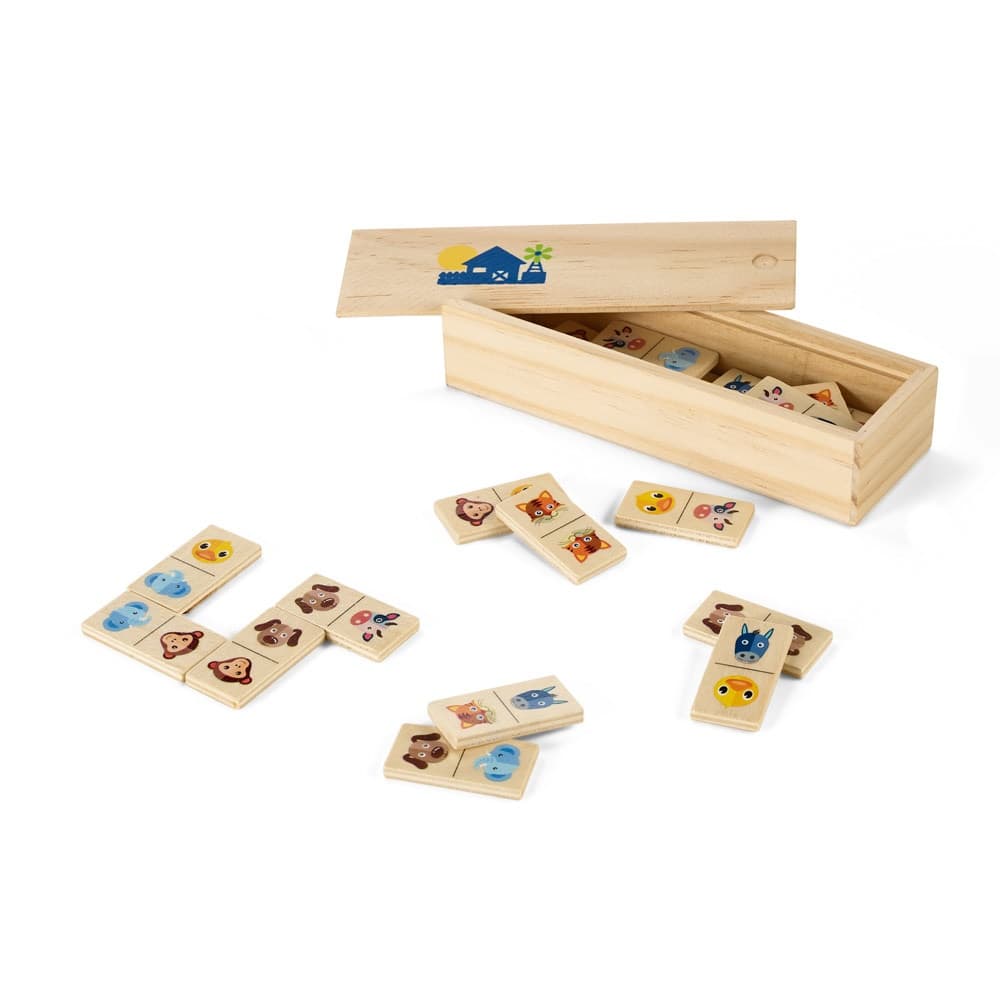 DOMIN. Jogo de dominó infantil em madeira com 28 peças de figuras de animais — Natural claro