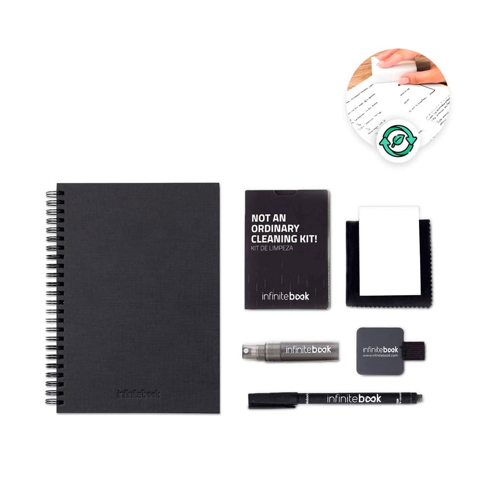 STARTER KIT INFINITEBOOK A5 PLANNER TEXTURE. Kit composto por “Infinitebook” com capa dura, 1 kit de limpeza, 1 marcador e 1 suporte para esferográfica