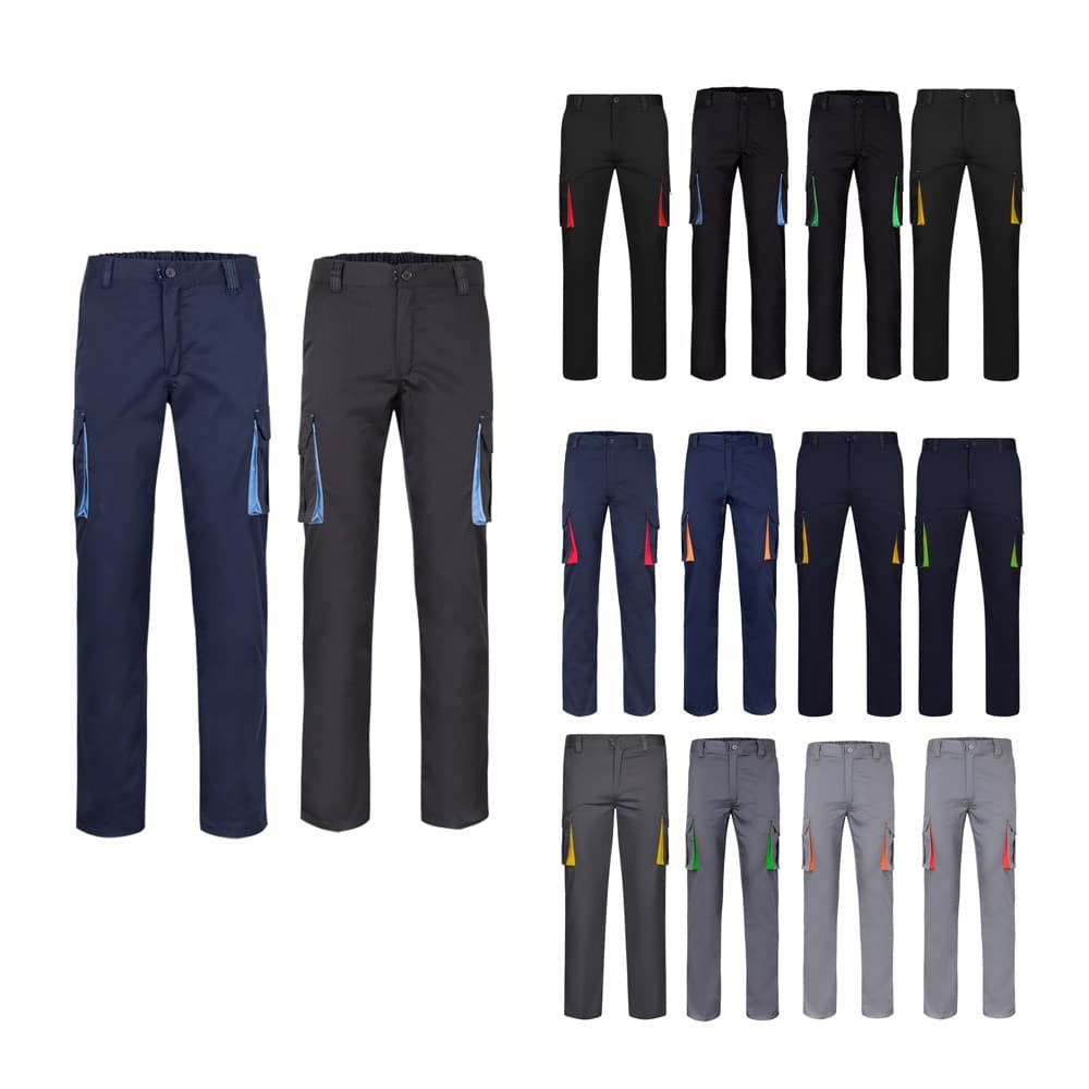 VL FIDES. Calças stretch bicolor multibolsos (240g/m²), em algodão (46%), EME (38%) e poliéster (16%)