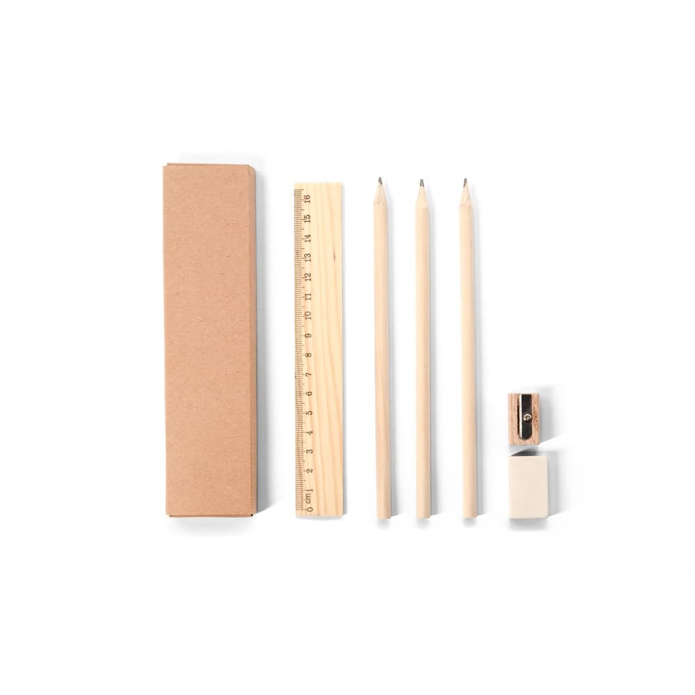 GEOFFREY. Conjunto de escrita versátil composto por lápis, afia-lápis, borracha e régua — Natural