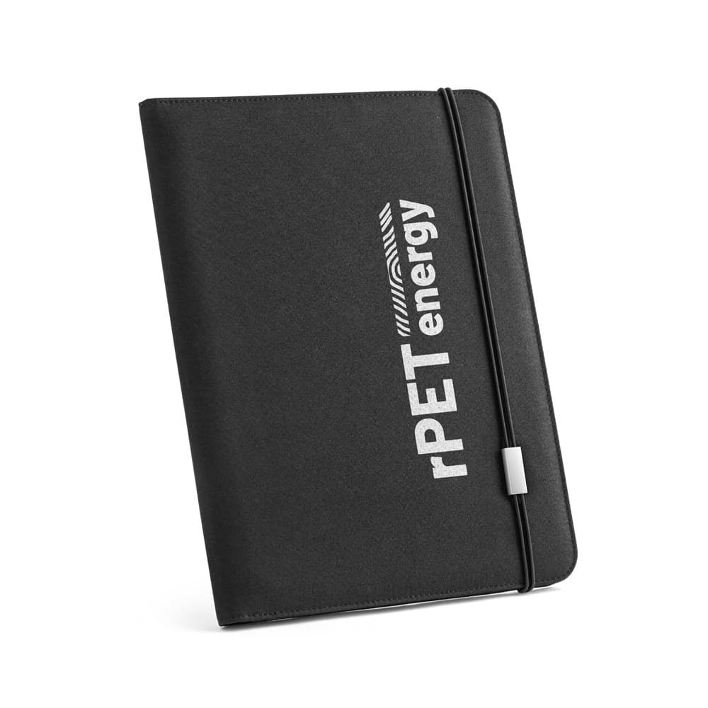 EMERGE FOLDER II. Pasta A4 em poliéster reciclado (100% rPET) 300D com elástico para fecho — Preto