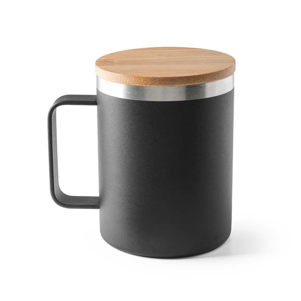 LAUDA. Caneca em 90% de aço inoxidável reciclado com tampa em bambu 420 mL — Preto