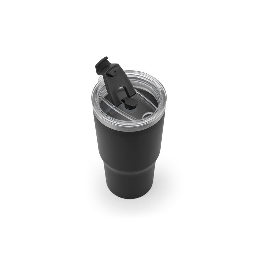 JOYNER M. Copo de viagem compacto em aço inoxidável (91% reciclado) com parede dupla isolada a vácuo e acabamento mate 600 mL — Preto
