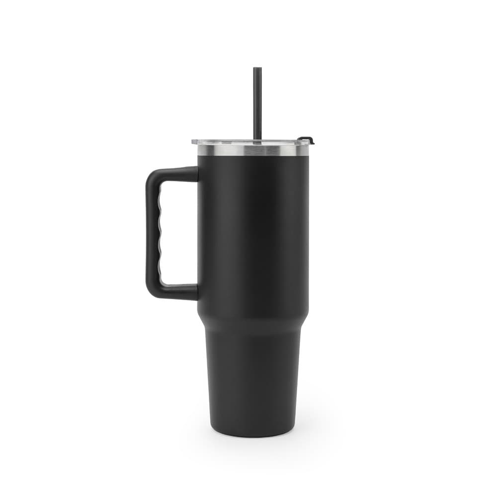 JOYNER XL. Copo de viagem de grande dimensão em aço inoxidável (91% reciclado) com parede dupla isolada a vácuo e acabamento em mate 1300 mL — Preto