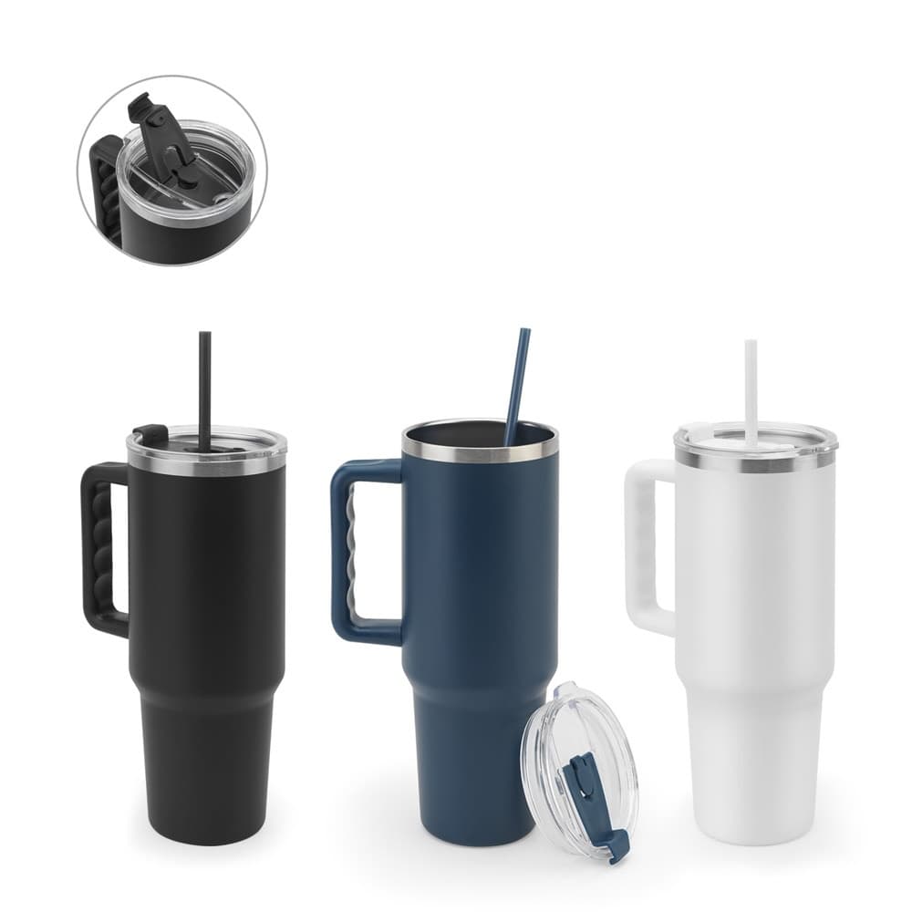 JOYNER XL. Copo de viagem de grande dimensão em aço inoxidável (91% reciclado) com parede dupla isolada a vácuo e acabamento em mate 1300 mL
