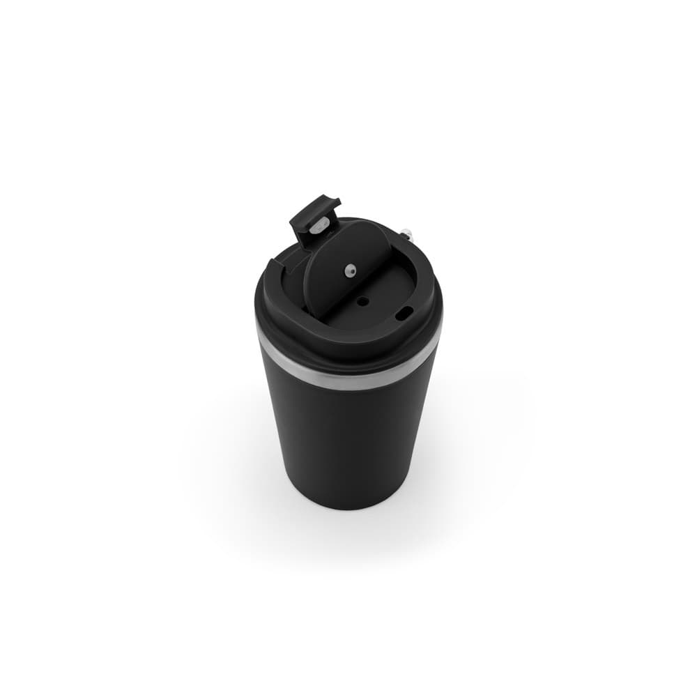 SPITZ. Copo de viagem em aço inoxidável (90% reciclado) e parede externa em PP, com acabamento em mate 440 mL — Preto