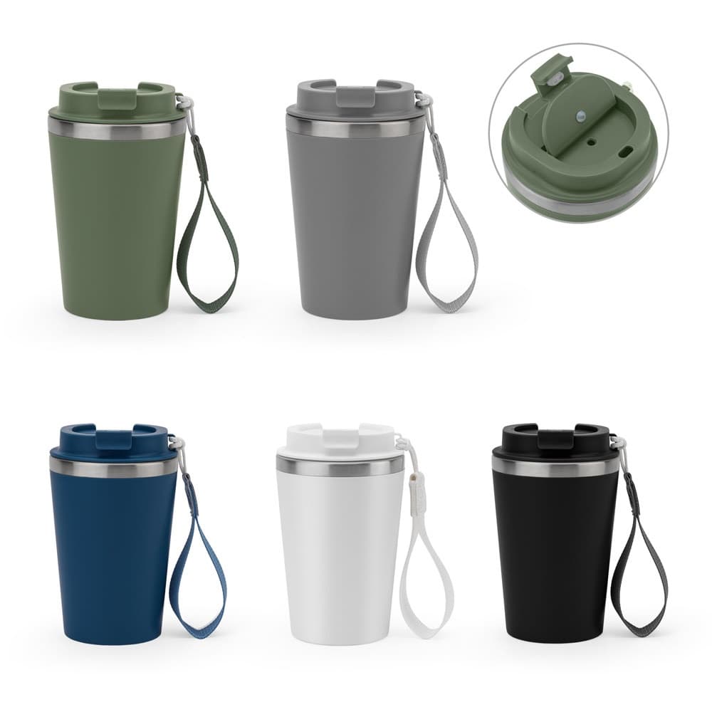 SPITZ. Copo de viagem em aço inoxidável (90% reciclado) e parede externa em PP, com acabamento em mate 440 mL