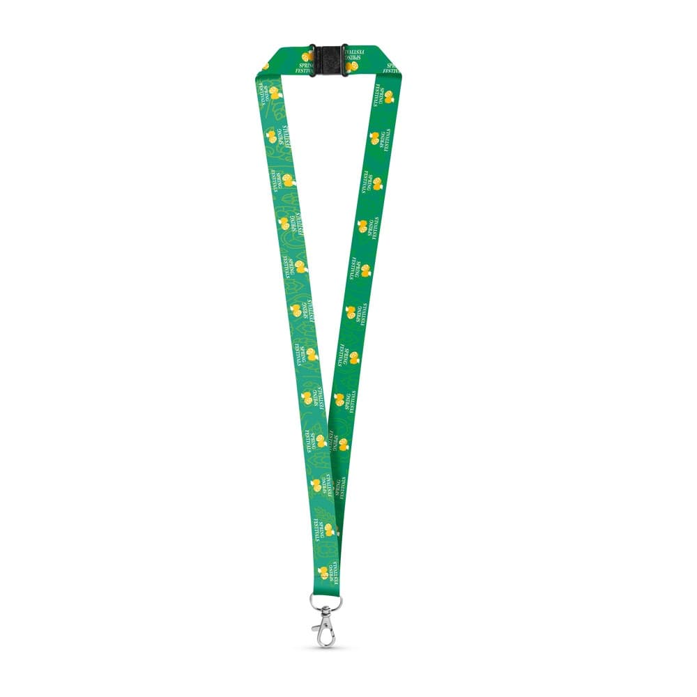 DOVER. SET Lanyard SUBLIMATION Long II (20 mm) em poliéster reciclado (100% rPET) com mosquetão de gatilho 20 mm e fecho de segurança