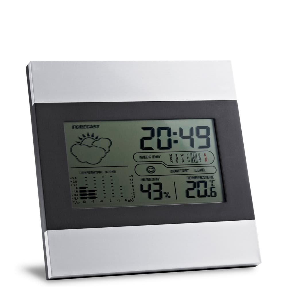 DENE. Estação meteorológica de secretária com ecrã LCD em alumínio e ABS — Cromado satinado