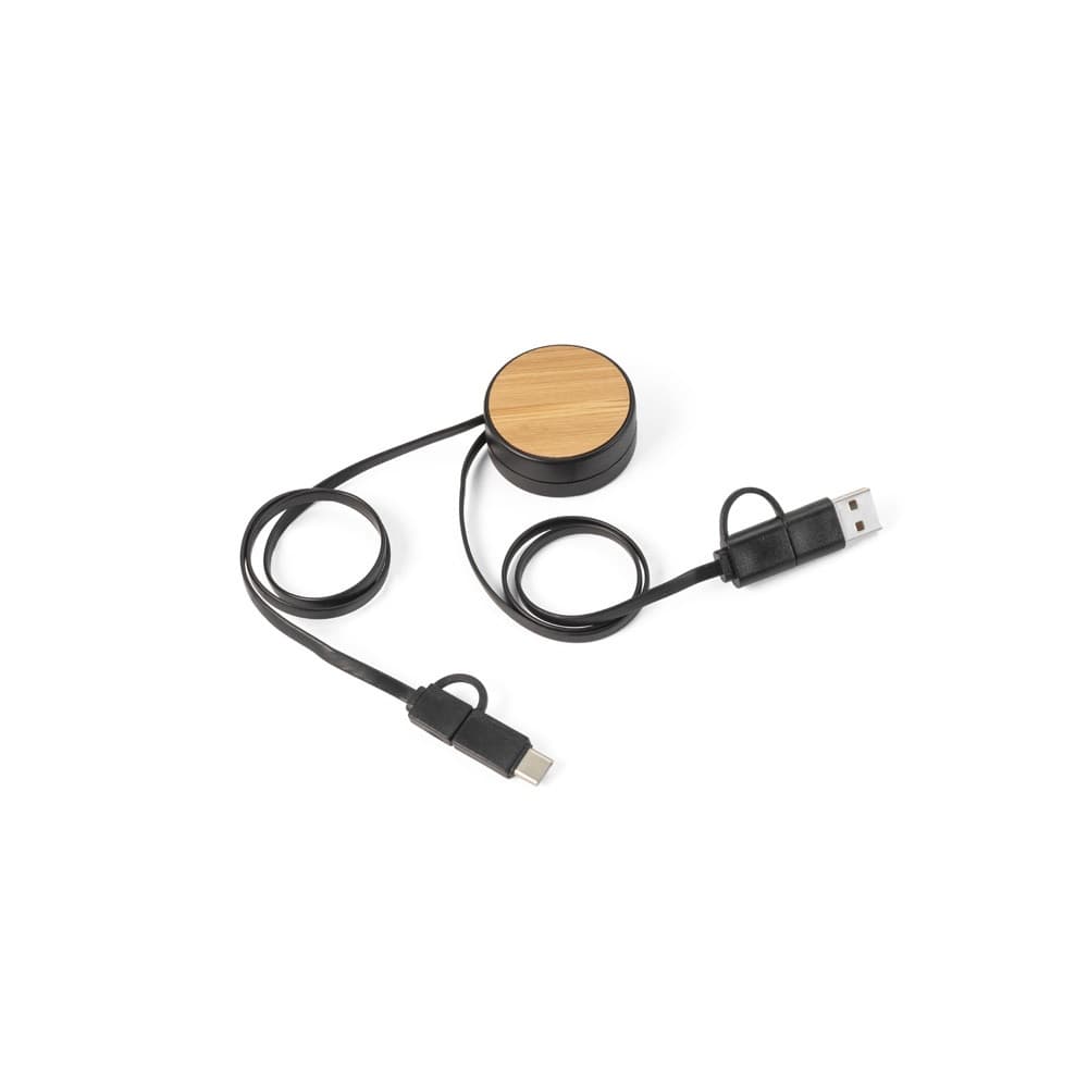 RUBINS. Cabo USB retrátil 6 em 1 em ABS reciclado (100% rABS) e bambu — Preto
