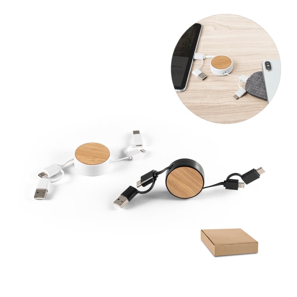 RUBINS. Cabo USB retrátil 6 em 1 em ABS reciclado (100% rABS) e bambu