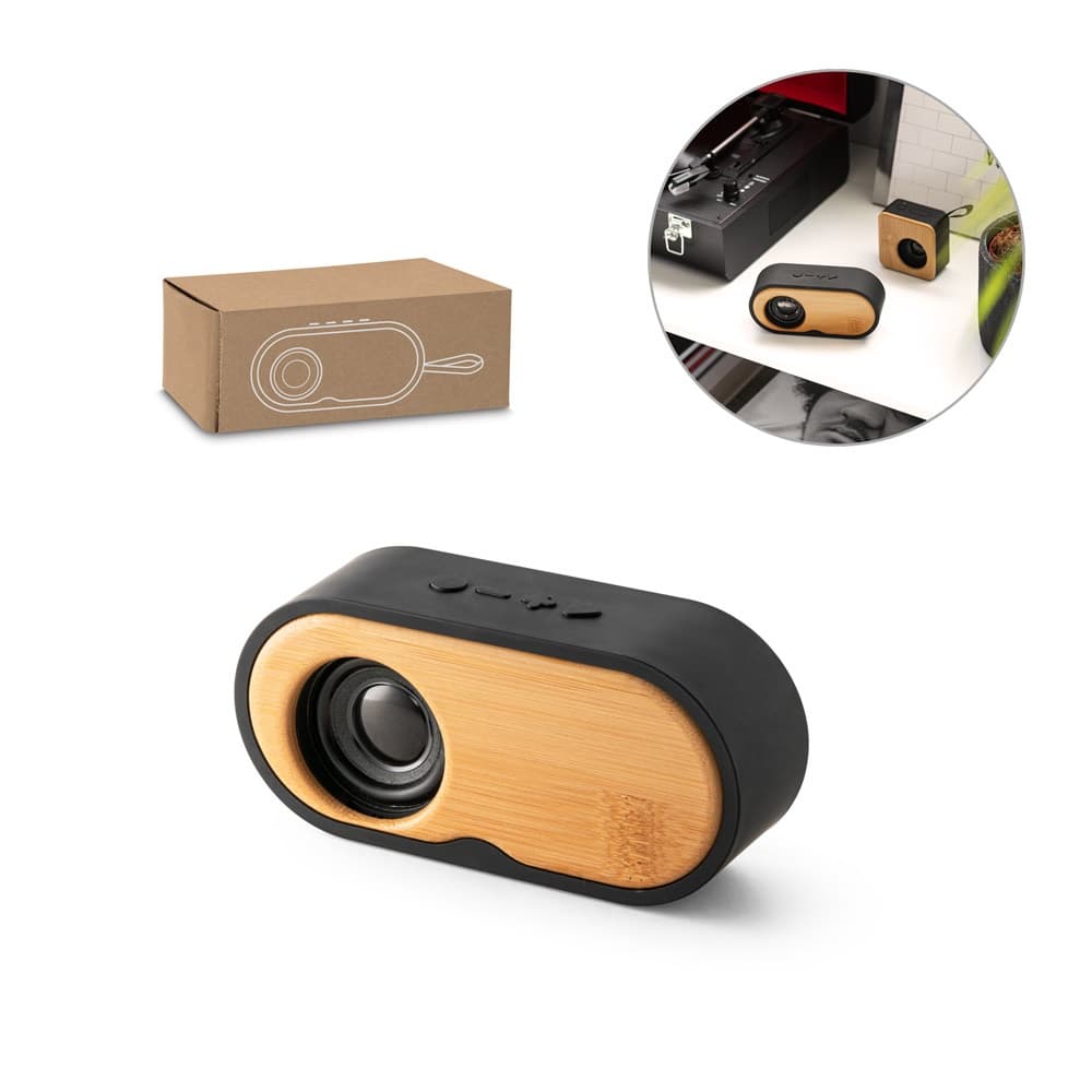 TILLY. Coluna de som portátil de 3W com 5h de autonomia em bambu e ABS reciclado (100% rABS)