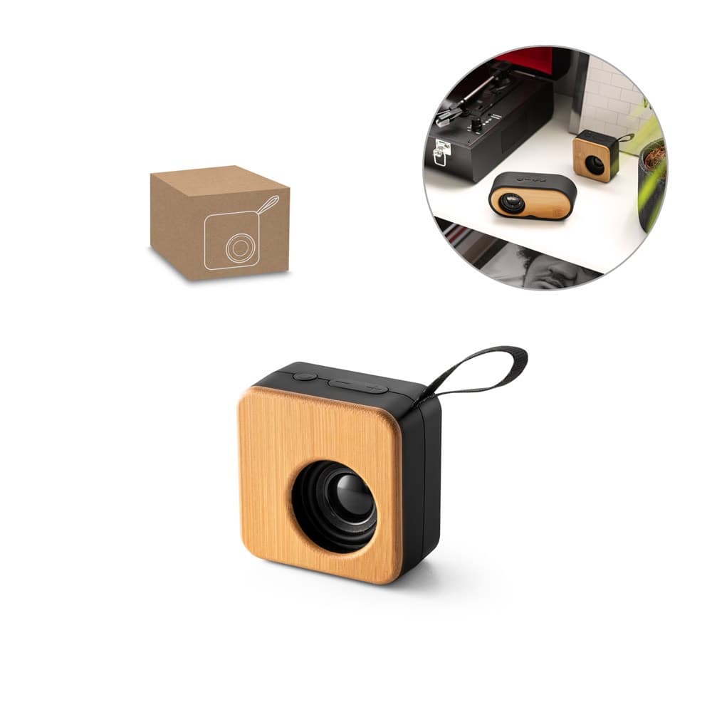 MAYER. Coluna de som portátil de 3W com 4h de autonomia em bambu e ABS reciclado (100% rABS)