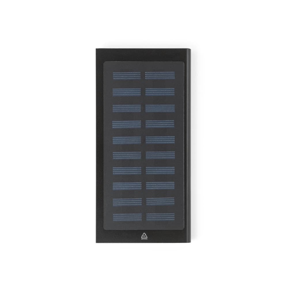 CLERK. Power bank 8'000 mAh com painel solar em alumínio 100% reciclado — Preto