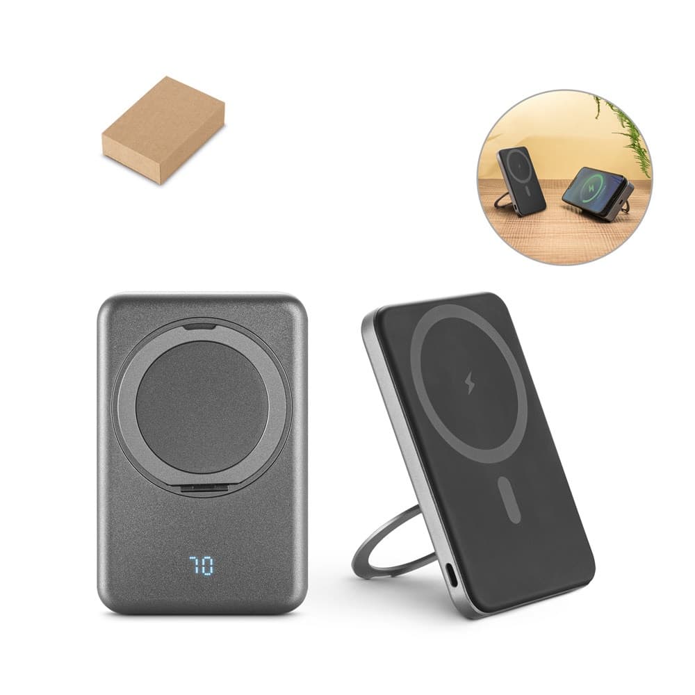 WARSHEL 5. Power bank magnética 5'000 mAh com carregador wireless super rápido 15W em ABS reciclado (100% rABS) com suporte