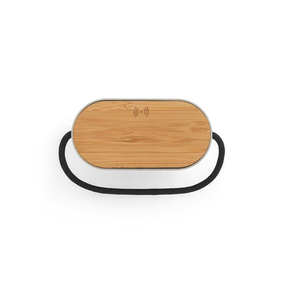 GUETTA. Coluna de som portátil de 5W com carregador wireless super rápido 15W e 2h de autonomia em bambu e PET reciclado (100% rPET) — Cinzento escuro