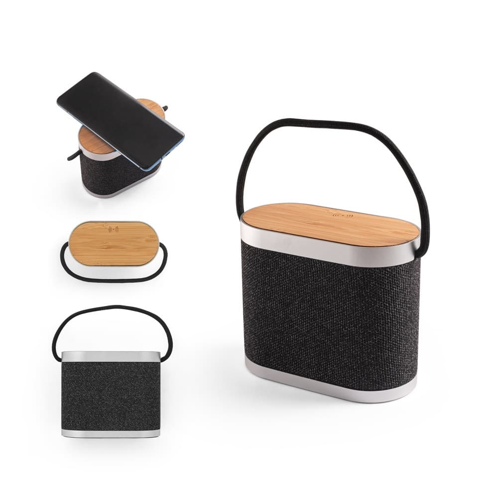 GUETTA. Coluna de som portátil de 5W com carregador wireless super rápido 15W e 2h de autonomia em bambu e PET reciclado (100% rPET)