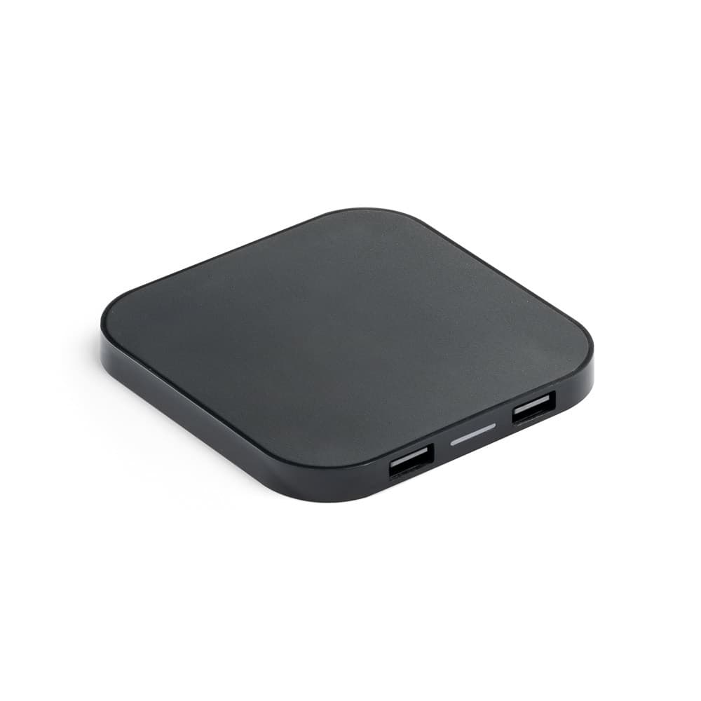 CAROLINE. Carregador wireless super rápido 15W com HUB 2 portas USB-A em ABS reciclado (60% rABS) — Preto