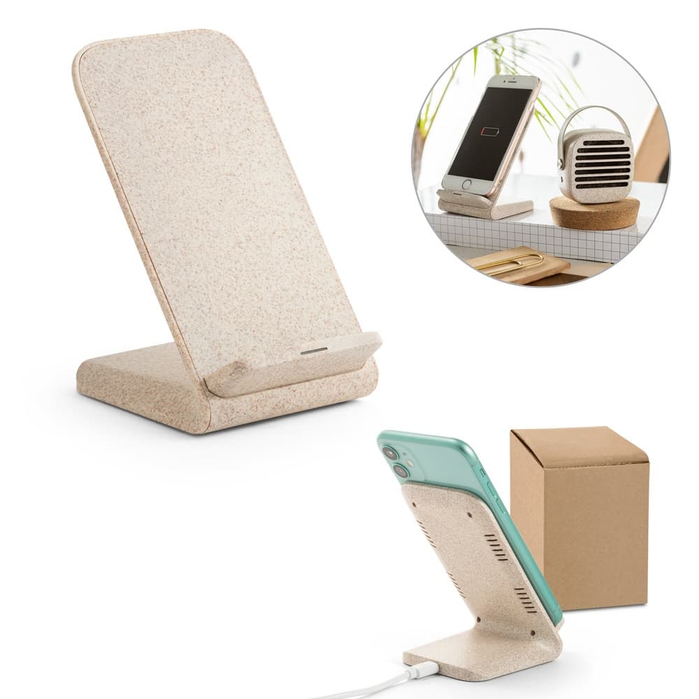 ENGLERT. Suporte para smartphone com carregador wireless super rápido 10W em ABS reciclado (70% rABS) e fibra de palha de trigo